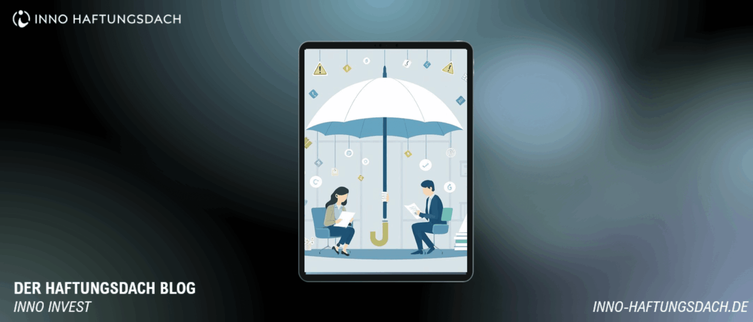 Illustration: Zwei Personen sitzen unter einem großen Schutzschirm, lesen Dokumente; der Schirm wird von einer Hand gehalten und ist umgeben von Warn- und Häkchen-Symbolen; Beschriftung „INNO HAFTUNGSDAACH“, „DER HAFTUNGSDAACH BLOG“, „INNO INVEST“ und „INNO-HAFTUNGSDAACH.DE“ vor blauem Verlaufshintergrund