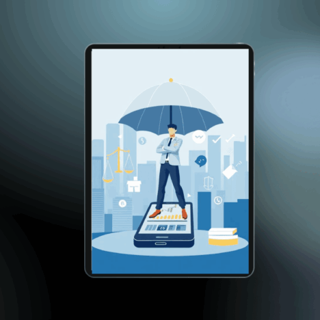 Haftungsdach für Finfluencer - Geschäftsmann mit Regenschirm auf Smartphone symbolisiert rechtlichen Schutz für Finanz-Content