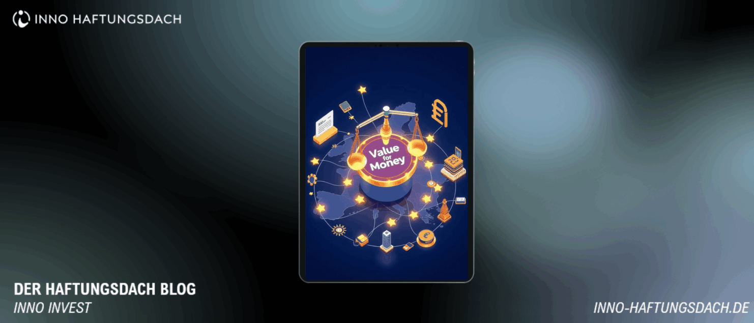 Value for Money-Waage mit EU-Sternen und Finanzsymbolen auf Tablet - Haftungsdach Audit-Konzept