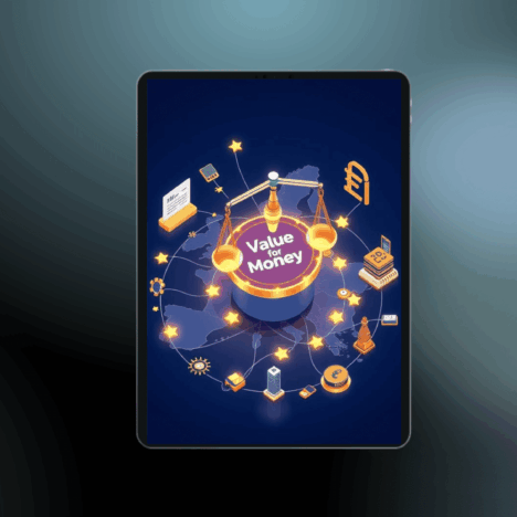 Value for Money-Waage mit EU-Sternen und Finanzsymbolen auf Tablet - Haftungsdach Audit-Konzept