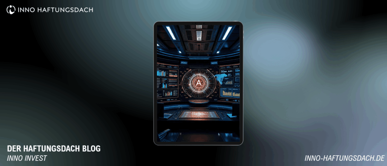 Futuristisches RegTech-Dashboard in einem digitalen Kontrollraum mit KI-gestützten Analysen, Diagrammen und Echtzeit-Compliance-Daten auf einem Tablet-Display.