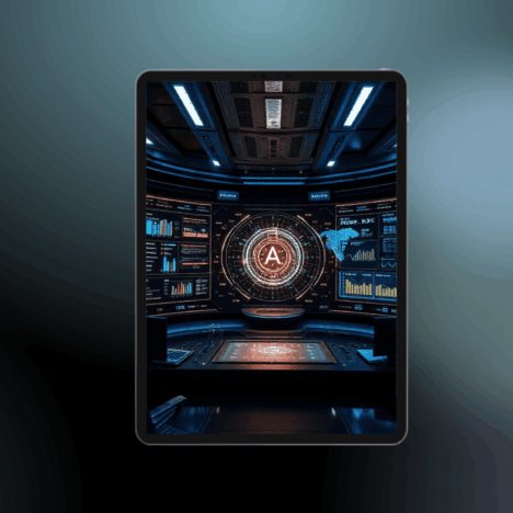 Futuristisches RegTech-Dashboard in einem digitalen Kontrollraum mit KI-gestützten Analysen, Diagrammen und Echtzeit-Compliance-Daten auf einem Tablet-Display.