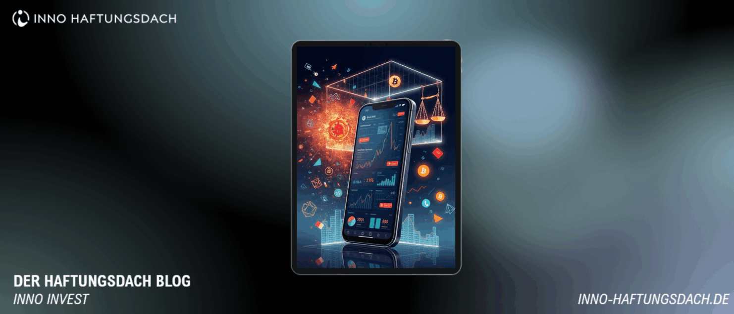 Bafin-Factsheet: Illustration eines Smartphones mit Finanzcharts, Kryptowährungen und Waage der Justiz in einem schützenden regulatorischen Rahmen – Symbol für BaFin-Regulierung von Finfluencern und Haftungsdach.