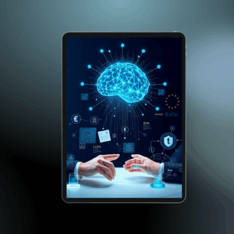 KI-gestütztes Finanzberatungssystem auf Tablet mit neuronaler Netzwerkvisualisierung, Hände interagieren mit Compliance-Dashboard für Haftungsdach nach AI Act und MiFID II
