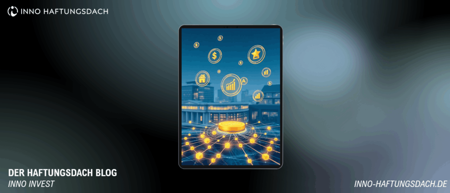 Illustration Tokenisierte Finanzprodukte: Digitale Asset-Token auf einer Blockchain symbolisieren die Regulierung und Verwahrung tokenisierter Wertpapiere unter MiCA und eWpG.