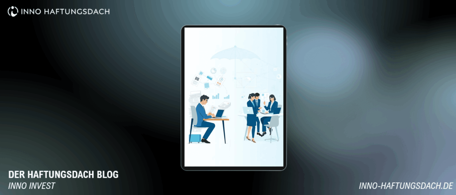 Illustration eines Finanzberaters im Vergleich zu Micro-Teams unter einem Haftungsdach mit digitaler Infrastruktur und klarer Aufgabenverteilung