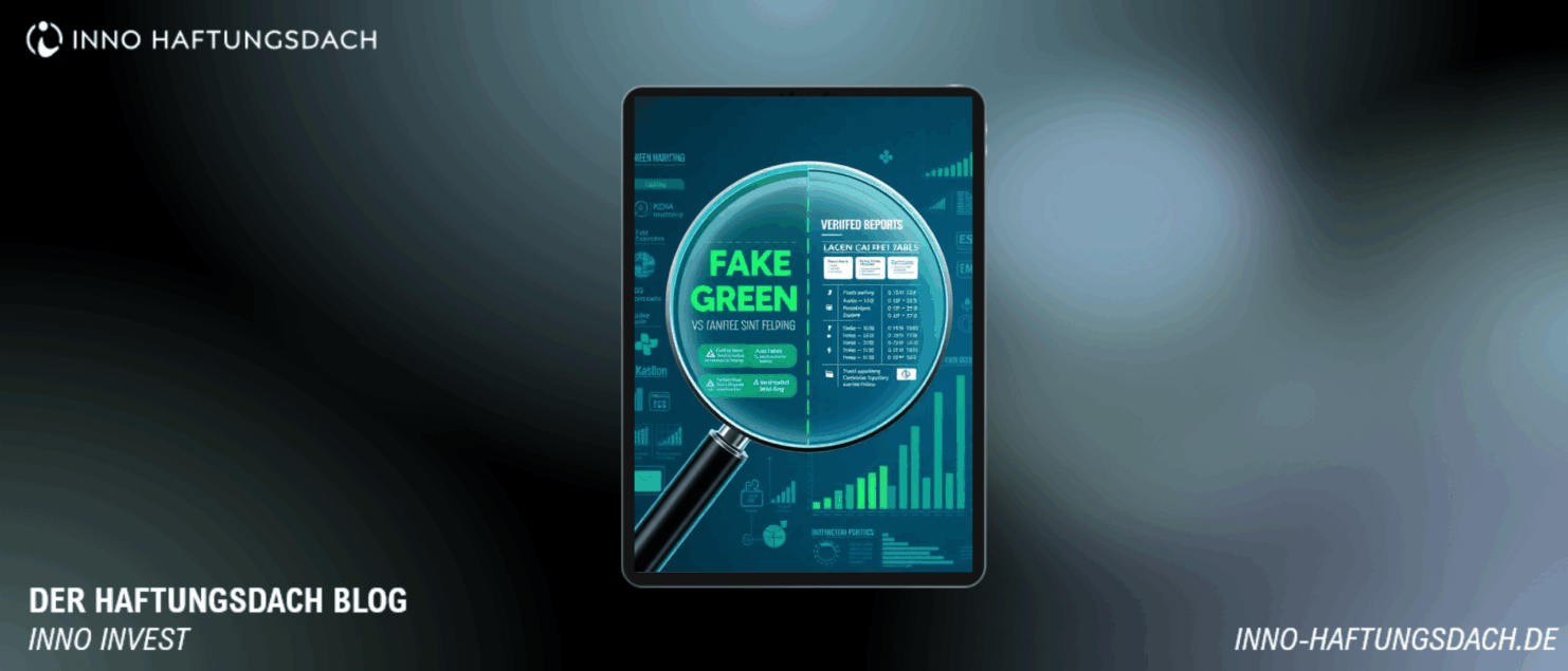 Lupe vergleicht Greenwashing-Behauptungen mit verifizierten ESG-Berichten und symbolisiert strengere EU-Regulierung sowie Compliance-Prüfungen im Finanzvertrieb.