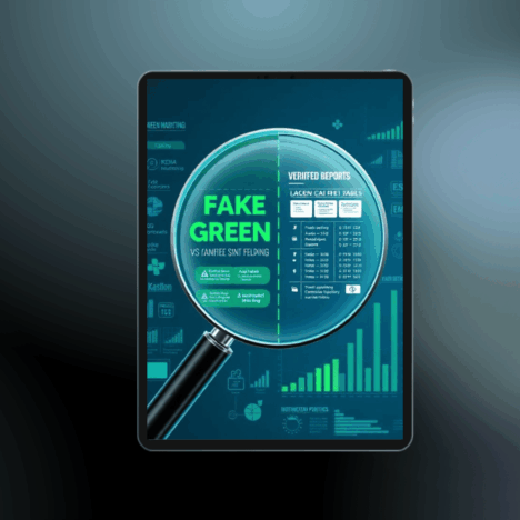 Lupe vergleicht Greenwashing-Behauptungen mit verifizierten ESG-Berichten und symbolisiert strengere EU-Regulierung sowie Compliance-Prüfungen im Finanzvertrieb.