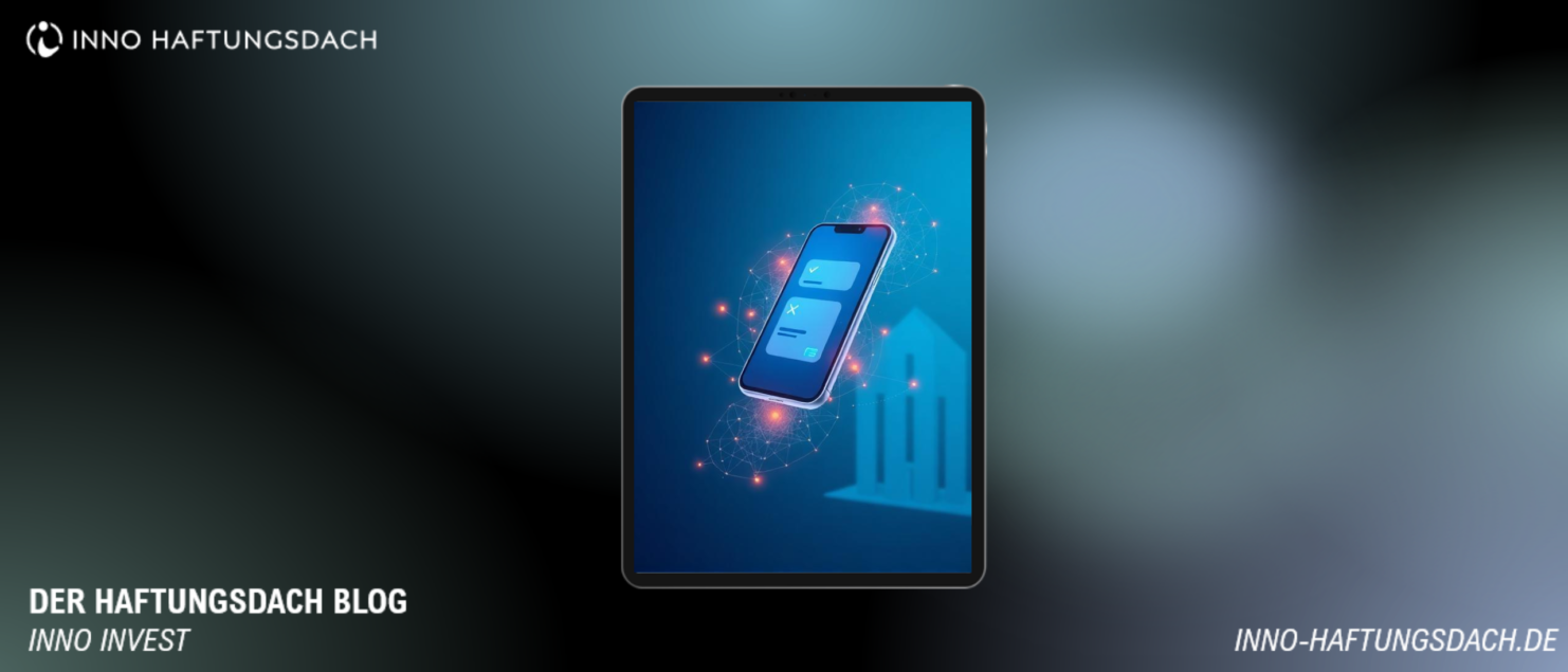 Smartphone mit digitaler EUDI-Wallet-Oberfläche und Verifizierungs-Icons, verbunden mit einem Bankgebäude – Illustration zu KYC-Pflichten für Haftungsdächer ab 2027