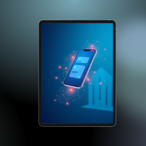 Smartphone mit digitaler EUDI-Wallet-Oberfläche und Verifizierungs-Icons, verbunden mit einem Bankgebäude – Illustration zu KYC-Pflichten für Haftungsdächer ab 2027