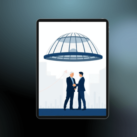 Nachfolge bei Vermögensverwaltungen: Illustration eines Handschlags zwischen einem erfahrenen und einem jüngeren Vermögensverwalter unter einem schützenden Haftungsdach-Symbol, im Hintergrund eine ansteigende Wachstumskurve