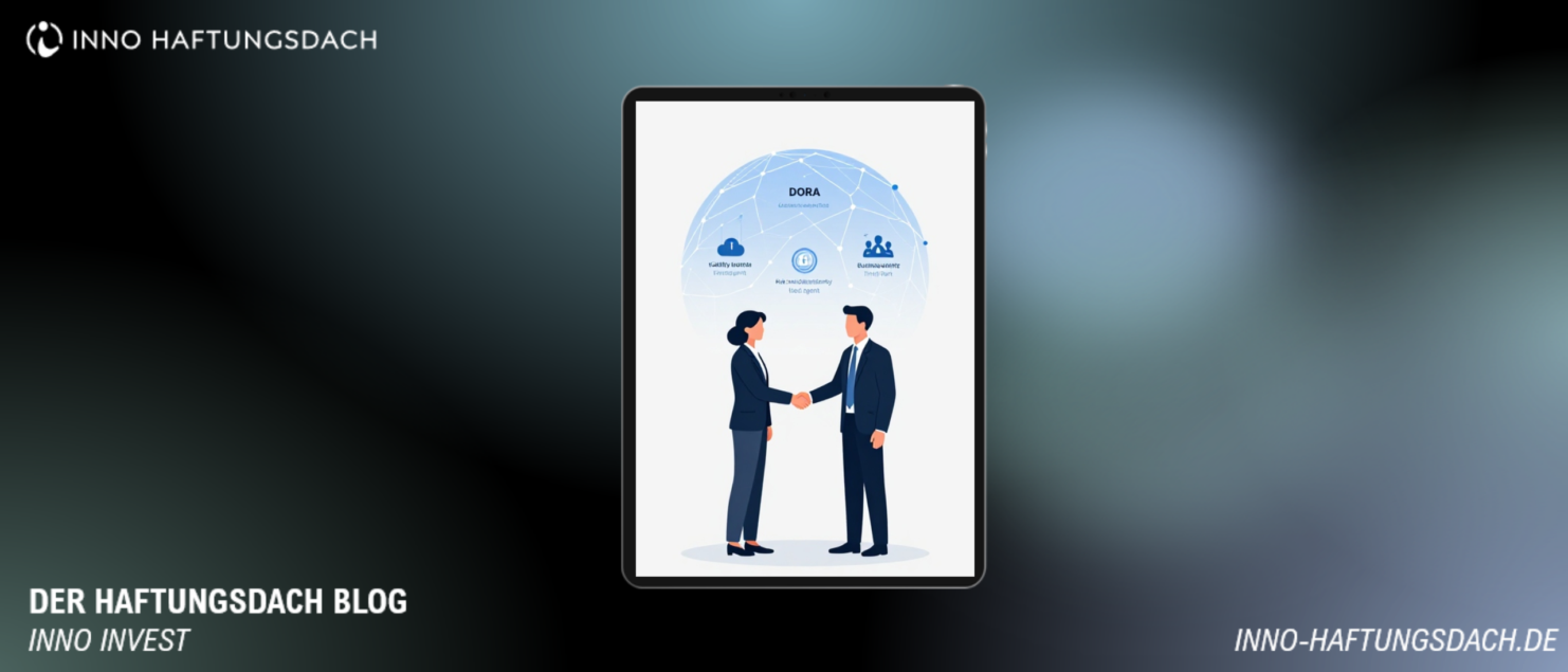 Illustration zur DORA-Regulierung: Ein Haftungsdach und ein gebundener Vermittler arbeiten unter einem digitalen Schutzschirm für IT-Sicherheit, Risikomanagement und regulatorische Compliance zusammen.