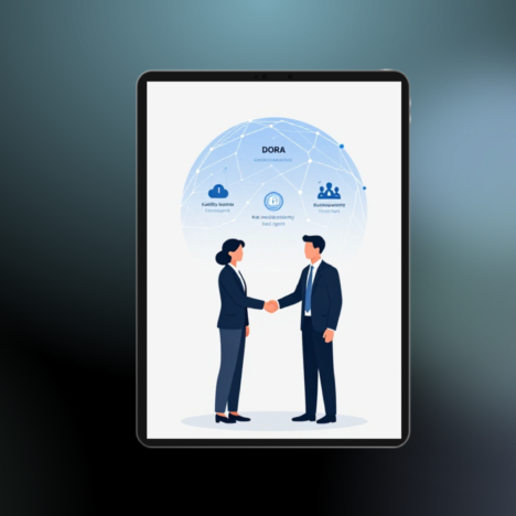 Illustration zur DORA-Regulierung: Ein Haftungsdach und ein gebundener Vermittler arbeiten unter einem digitalen Schutzschirm für IT-Sicherheit, Risikomanagement und regulatorische Compliance zusammen.
